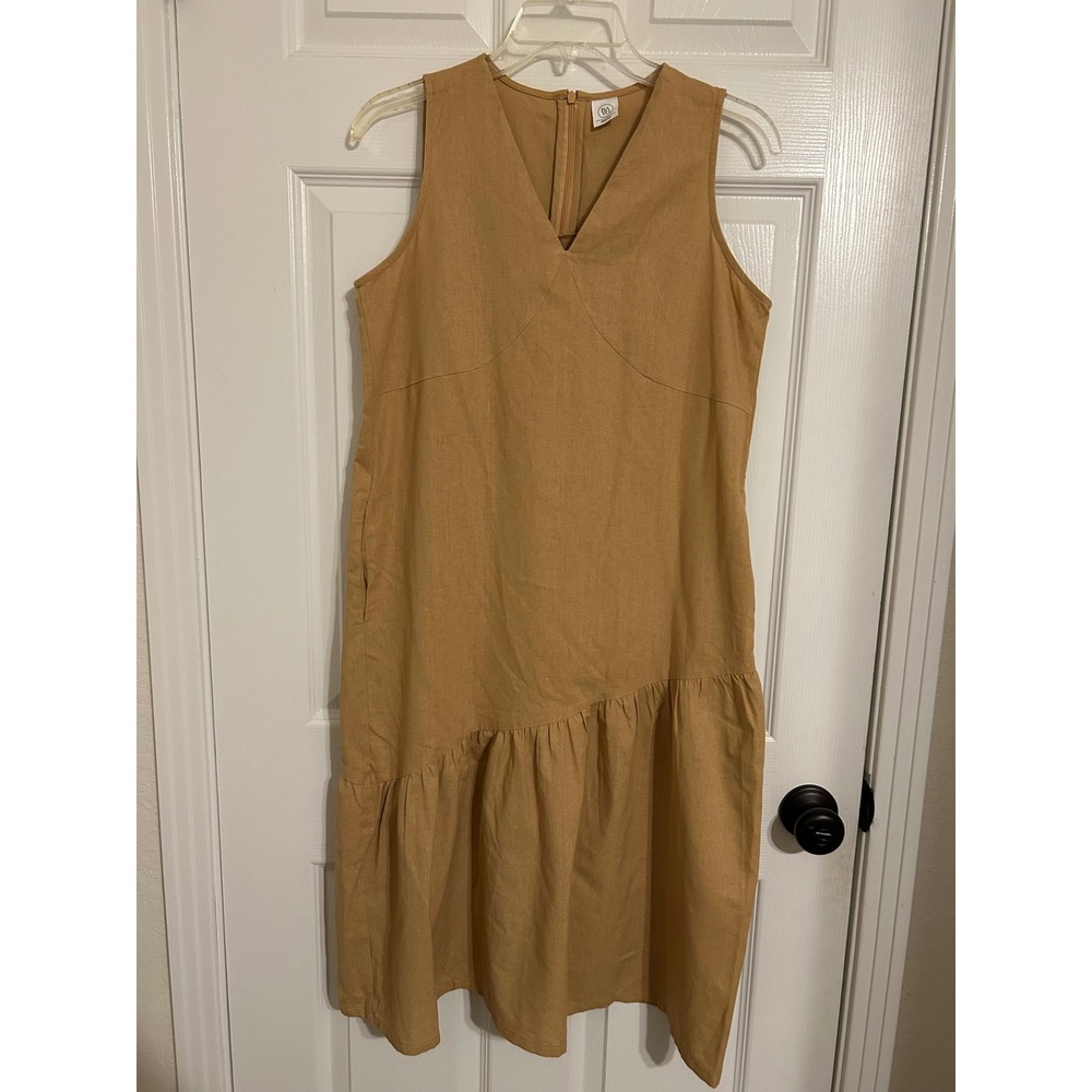 Bayo Womens Medium Tan V-Neck Sleeveless Asymmetrical Ruffle Linen Blend Dress